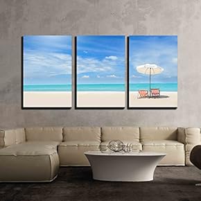3 Piece Canvas Wall Art - Beach Chairs on The White Sand Beach with Cloudy Blue Sky - Modern Home Art Stretched and Framed Ready to Hang - 16"x24"x3 Panels