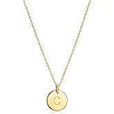 Bemoly Initial Necklace for Women Round 11MM Coin Disc Double Side Engraved Letter A-Z Hammered Pendant 14K Gold Plated Personalized Alphabet Birthday Jewelry 17.5"