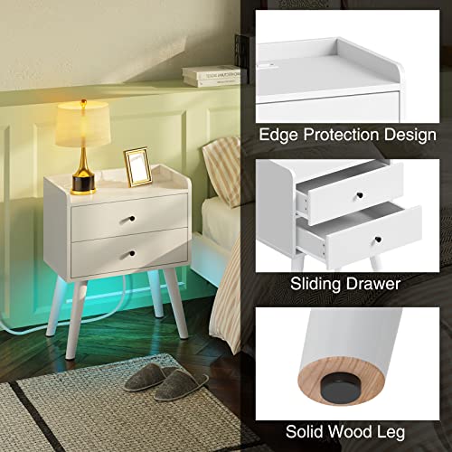 Rolanstar Nightstand with Charging Station and LED Lights, Mid Century Modern End Table with 2