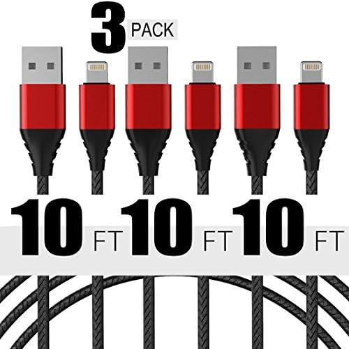 iPhone Charger 10 FT, XUBOX 3Pack Nylon Braided Lightning Cable Extra Long Charging Cord for iPhone X 8 8Plus 7 7Plus 6s 6sPlus 6 6Plus SE 5 5s 5c iPad iPod &amp; More Charger (Black-Red)
