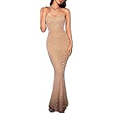 Kaei&Shi Rhinestone Mesh Dress,Glitter Sparkly Embellished Sheer Maxi Dresses,Sexy Birthday Outfit for Women Cocktail Party