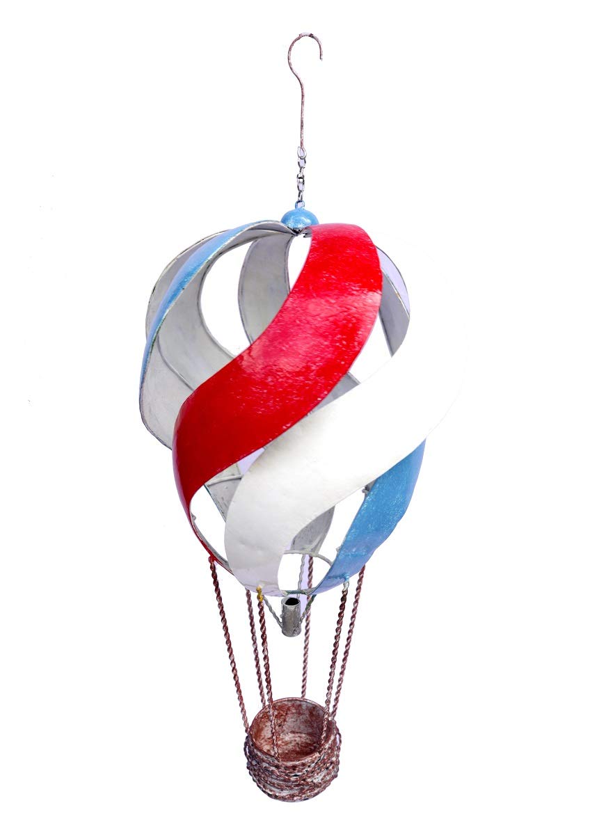 Garden Wind Spinner Hanging - Wind Sculpture - Red White Blue Hot Air Ballloon