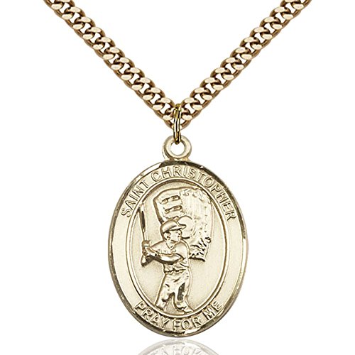 Gold Filled St. Christopher/Baseball Pendant 1 x 3/4 inches with Heavy Curb Chain