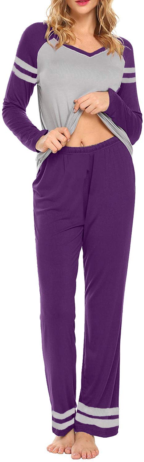 AOVXO Soft Pajama Set for Women Casual V-Neck Long Sleeve Loose Loungewear Set Long Sleeve Tops & Long Sleep Pants with Pockets Loungewear (Purple with Grey, XXL)