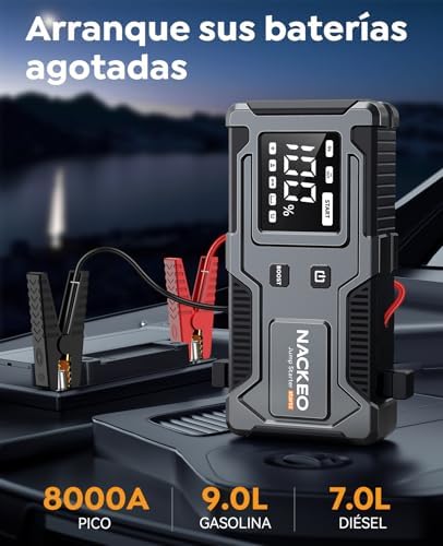 Arrancador de carro 6000A, motor de arranque de bateria de 12V (para gasolina 9.0L ou diesel 7.0L), arranque com cabos integrados, lanterna LED de emergência, standby longo, carregamento rápido