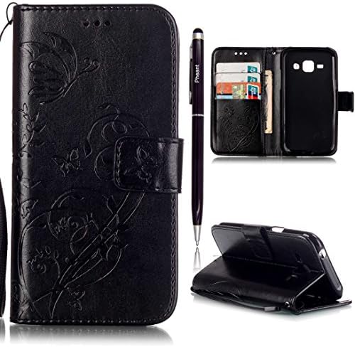 Pheant® [2in 1] Samsung Galaxy J1 2015 SM-J100H Wallet Case Flip Cover in PU Leather Silicone Skin Casing with Stand,Card Holder and Magnet Closure Embossing Butterfly DesignBlack with Stylus Pen