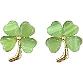 St Patricks Day Shamrock Earrings, Green Cat Eye Four Leaf Clover Studs, Lucky Gold-Plated Brass Jewelry Gifts for Women