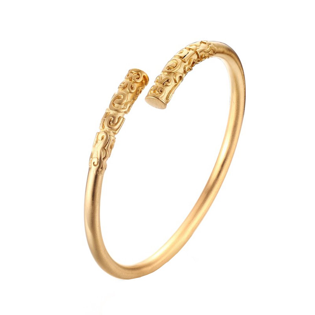 HIJONES Men's Stainless Steel Ancient Buddhist Open Cuff Bangle Bracelet Manly Gold