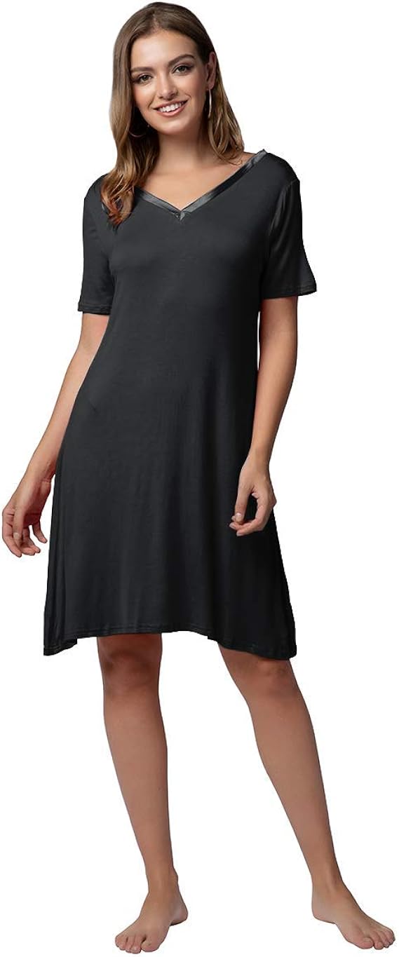IMEKIS Women Nightdresses V Neck Short Sleeve Nightshirt Soft Cotton