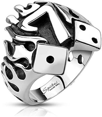 Stainless Steel Flaming Lucky Seven With Dice Cast Ring, Ring Width of 22MM