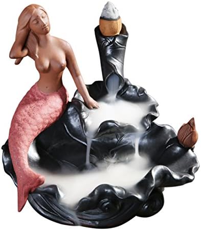 Mermaid Incense Holder Burner Backflow Waterfall Censer Cones Sticks -Red