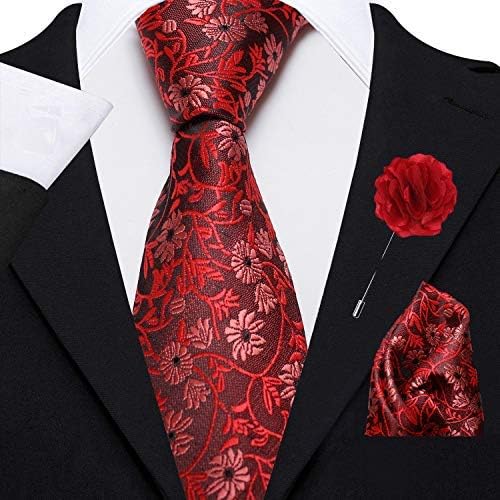 Men's Micro Polyester Floral Necktie Set with Pocket Square and Brooch Pin (Red ,Free Size)