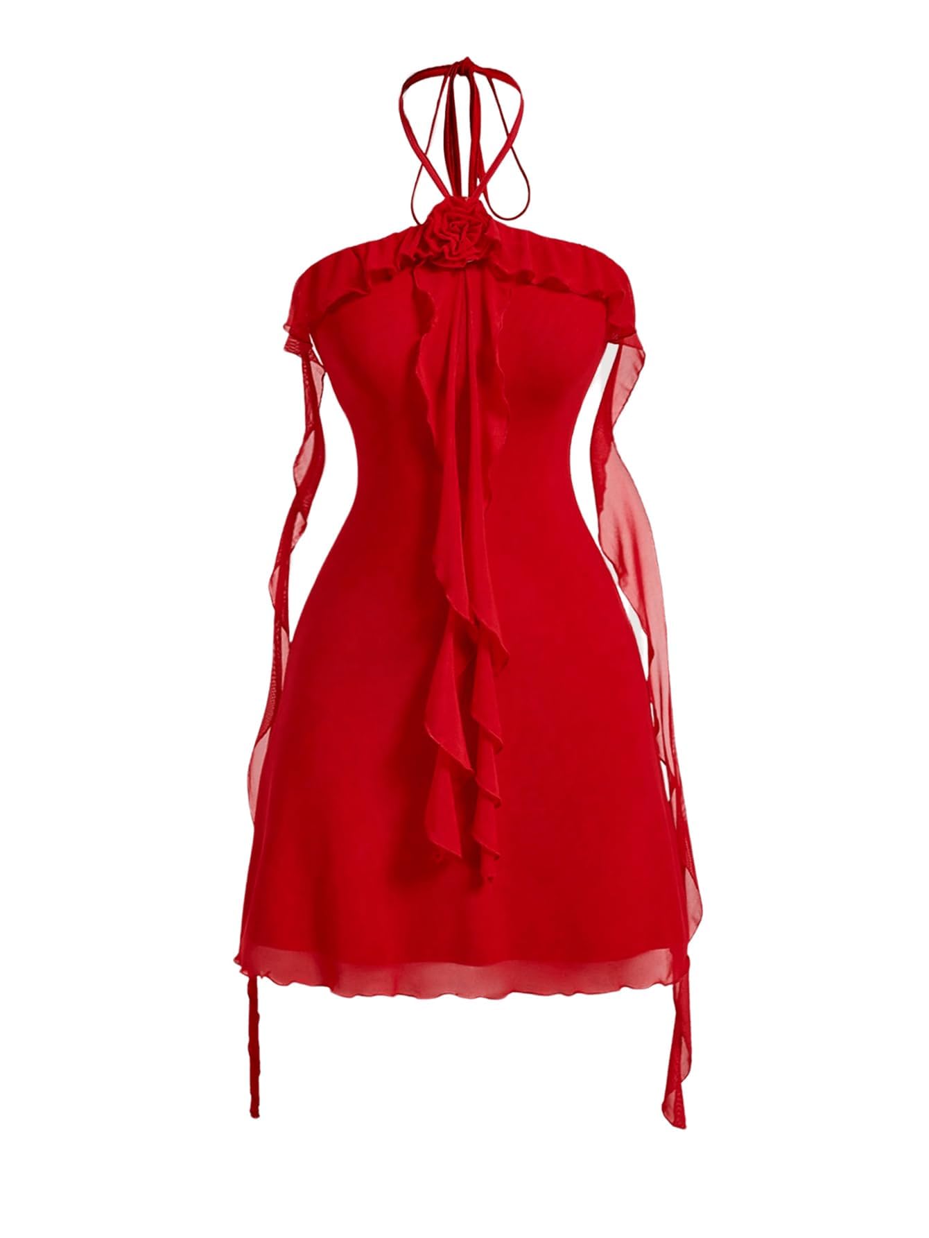 Photo 1 of SOLY HUX Women's Summer Dresses Halter Bodycon Irregular Ruffle Trim 3D Flower Cami Mini Party Club Dress Plain Red X-Small