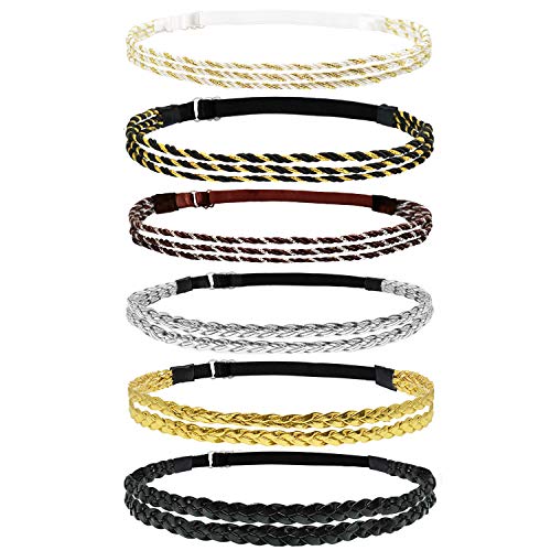 Beaute Galleria 6 Pieces Adjustable Elastic Non Slip Braided Plaited Women Headbands Hair Band with Double Braided and Triple Strand Twisted Gold Silver Disco Hippie Boho Bohemian Style Hair Accessory