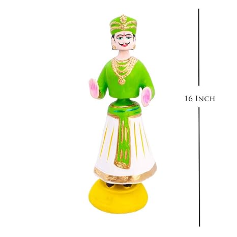 Santarms Thanjvore Male Dancing Doll Plaster of Paris 16 Inch (Green,Off White)