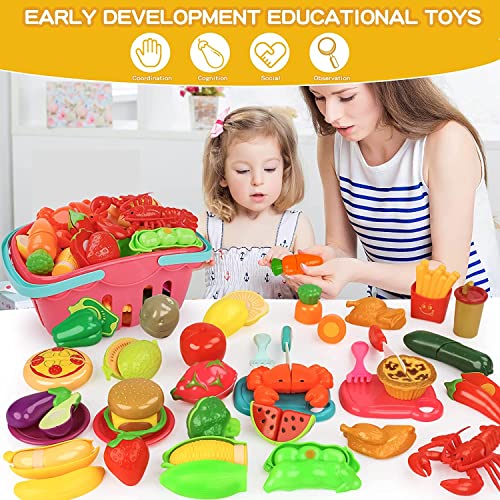 46 PCS Cutting Play Food Toy for Kids Kitchen, Pretend Fruit &Vegetables Accessories with Shopping Storage Basket, Plastic Mini Dishes and Knife, Educational Toy for Toddler Children Birthday Gift