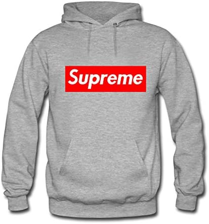 Men's Cool Supreme Logo Printed Pullover Hoodies Large Grey