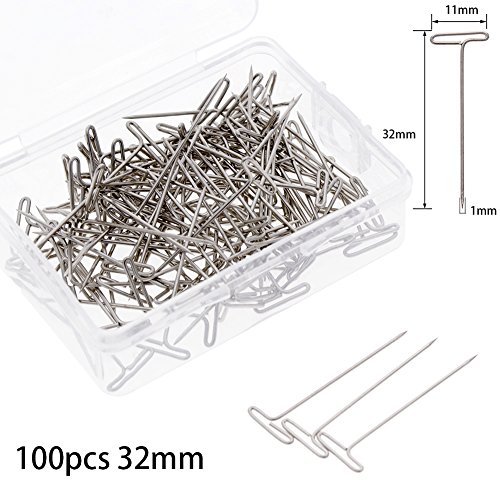 100Pcs Hair T Pins For Blocking Knitting Modelling Macrame Holding Wigs DIY Hair Style Tool with Plastic Box Strong Durable Easy to Insert and Remove 03#32mm