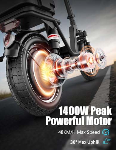 1400W Peak Motor Electric Scooter for Adults, 65 KM of Range Scooter with Seat, 48KM/H Top Speed, 48V Battery, Dual Suspension, Foldable E Scooter for Cargo, Commuting