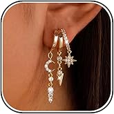 Gold Dangle Earrings for Women, 14k Gold Plated Stacked Triple Hoop Illusion Earrings Cubic Zirconia Huggie Earrings for Women Trendy
