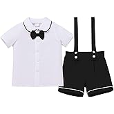 IDOPIP Baby Boys Formal Suit Bowtie Shirt Suspender Shorts Set First Birthday Baptism Wedding Tuxedo Outfits for Photo Shoot
