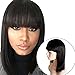 Brazilian Human Hair Bob Wigs with Bangs Yaki Machine Made Glueless Short Wigs with Wood comb and Wig Cap (12 Inch, Natural Color） (#1b jet off black)