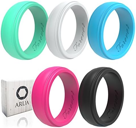 Arua Silicone Wedding Ring for Women 5-Pack - 5 Glossy Wedding Bands. Gift Box Included. Comfortable Rubber Rings for Active Ladies