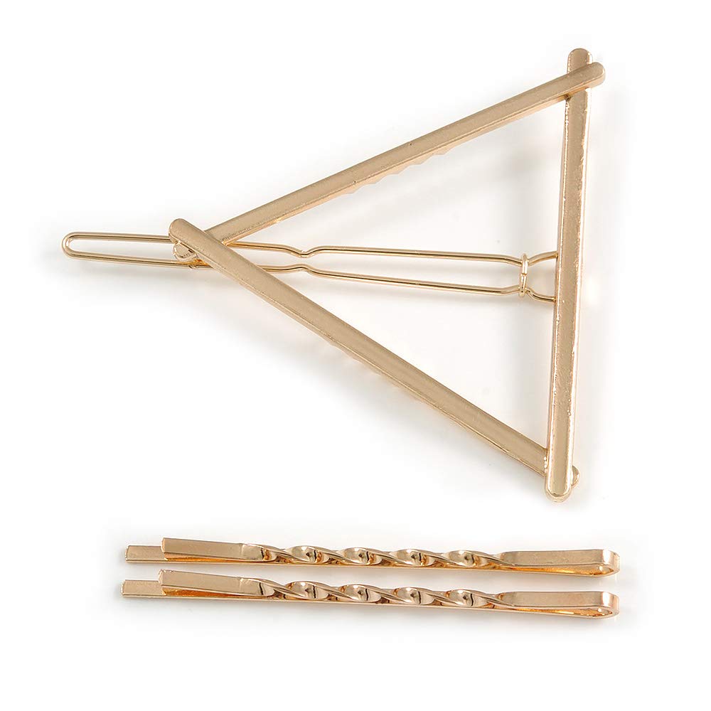 Set Of Twisted Hair Slides and Open Triangular Hair Slide/Grip In Gold Tone Metal