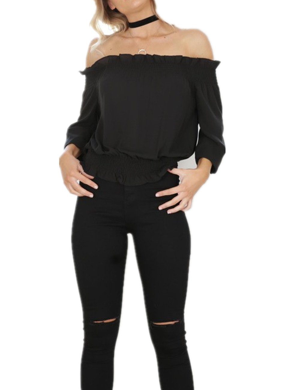 Women\'s Off Shoulder Crop Tops Blouses Lettuce Trim Casual Shirts New Summer Cold Silk Tunic