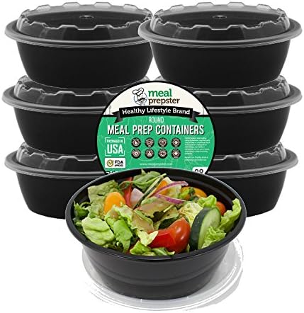 Round 1 Compartment Meal Prep Food Storage Containers - Plastic Clear Airtight Lids - [7-Pack] 32 oz - Reusable BPA Free Stackable Portion Control Lunch Box | Microwave/Freezer/Dishwash Safe Gift Set