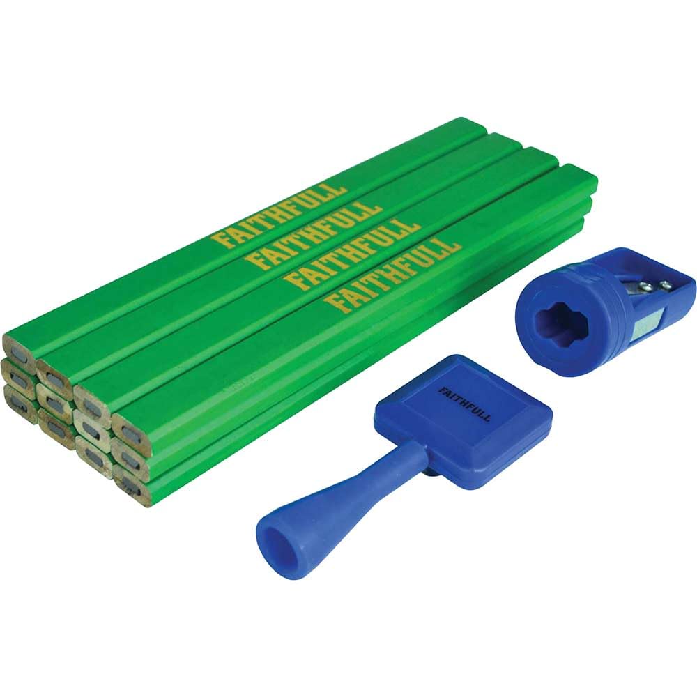 Faithfull Carpenters Pencil Kit 12 Pack with Pencil Sharpener & Holder - Hard (Green)