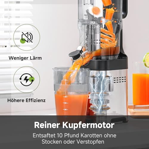 Entsafter - Slow Juicer mit 135 mm großem Einfüllschacht für ganzes Obst und Gemüse - Leicht zu Reinigen mit 2 Gläsern - Silber
