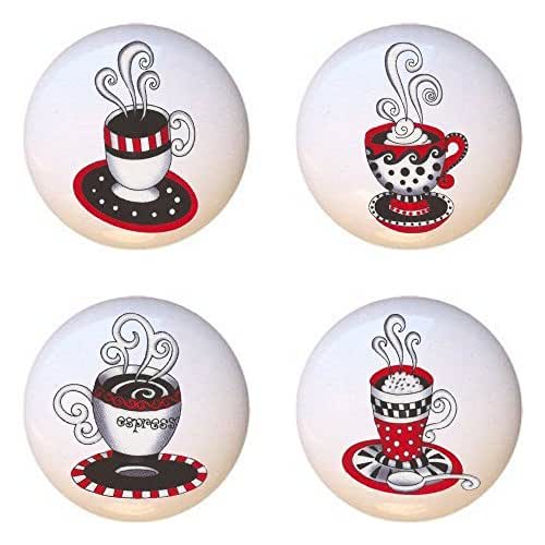 SET OF 4 KNOBS Red and Black Espresso Cups Coffee Tea Espresso DECORATIVE