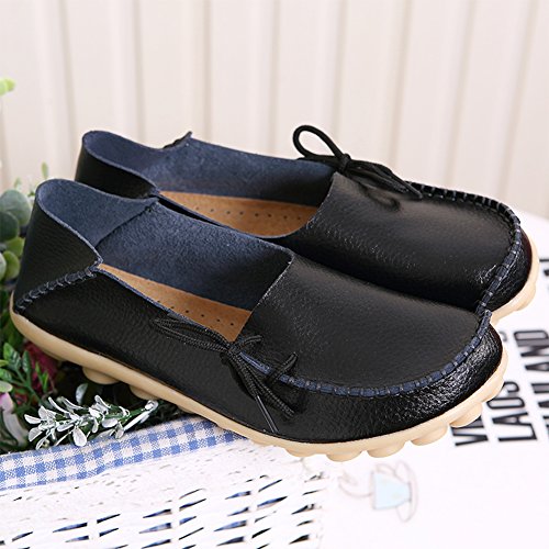 RT Group Women’s Leather Loafers Casual Shoes Moccasins Wild Breathable Flat Indoor Slip on Slippers (Size10, 1black) - Thumbnail 5