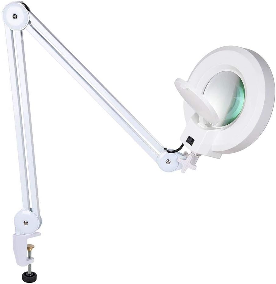Led Lighted Magnifying Glass - FEITA 5X Diopter Magnifier Clamp Lamp with Adjustable Arm Illuminated Lens Magnified Light for Desk, Reading, Jewelers, Craft, Beauty, Soldering, Repair iPhone