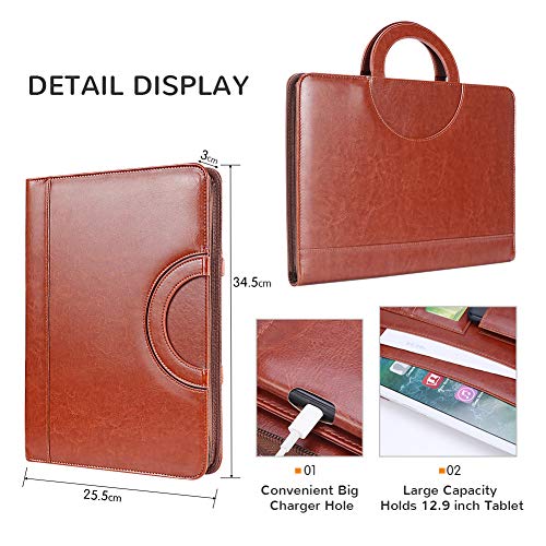 Darolin Zippered Leather Padfolio Portfolio Case with [Hidden Handle] and [Clipboard], Business