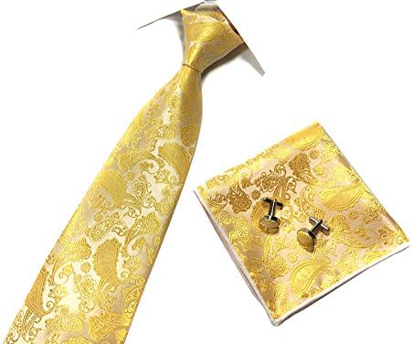 Someties New Fashion Paisley Cashew Men's Necktie &amp; Pocket Square &amp; Cuff Links Set(Golden Yellow)