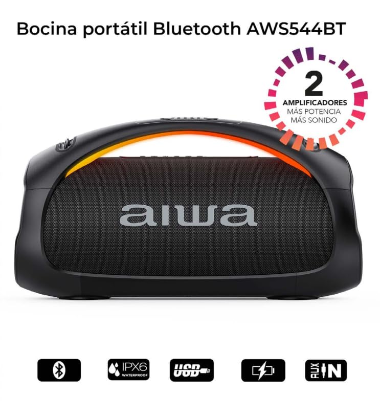 Aiwa Bocina Bluetooth Boombox 110W RMS AWS544BT con IPX6, Bluetooth 5.3, Multilink, Luces LED, Batería 6.5H, USB y AUX, Sonido Potente para Fiestas y Exteriores