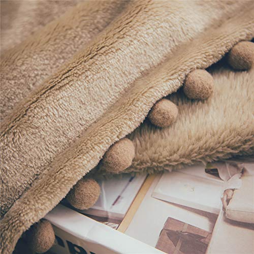 DEZENE Throw Blanket with Pompoms Tan Decorative Soft Fuzzy Fleece