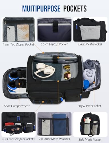 Celvetch Gym Bag with Shoes Compartment 3-in-1 Sports Travel Duffel Bag Weekender Overnight Backpack with Wet Pocket, Black, 39L-Medium