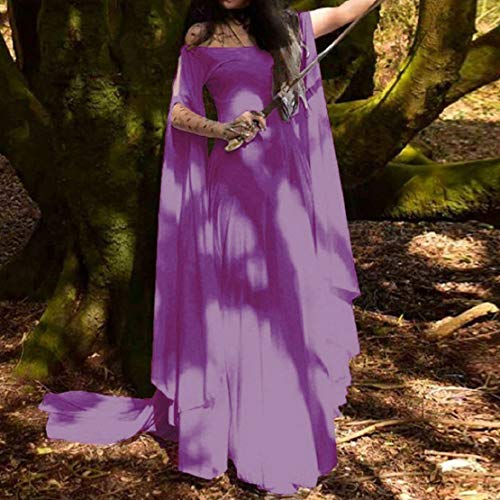 Women Hollow Trumpet Sleeve Flare Dress Off Shoulder Vintage Party Club Elegant Performance Medieval Costume by Lowprofile Purple