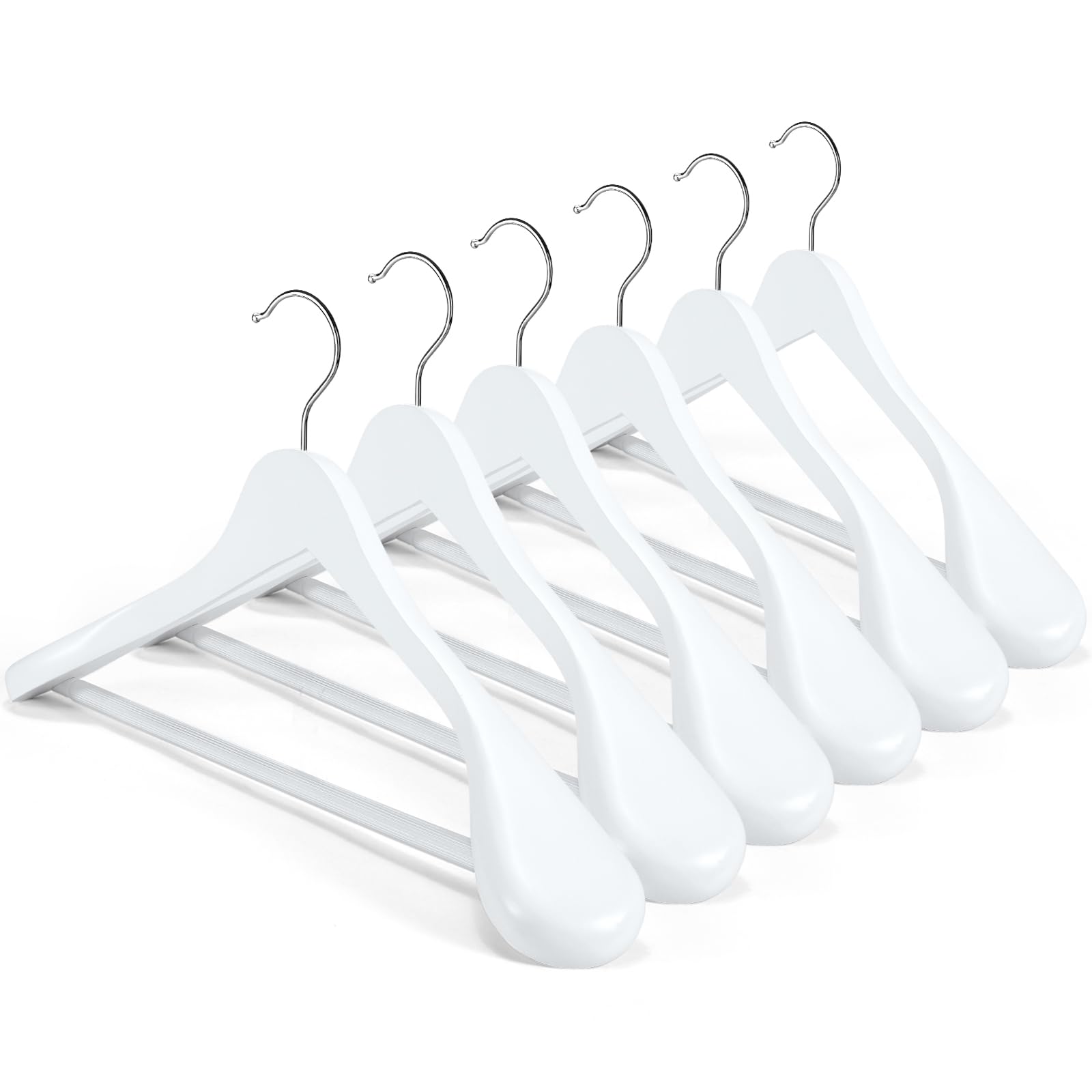 Photo 1 of HOUSE DAY High-Grade Solid Wood Coat Hangers for Women, Wide Shoulder Wooden Hangers, Suit Hangers with Non Slip Pants Bar, Smooth Finish 360° Swivel Hook for Dress, Heavy Clothes Hangers 6 Pack White