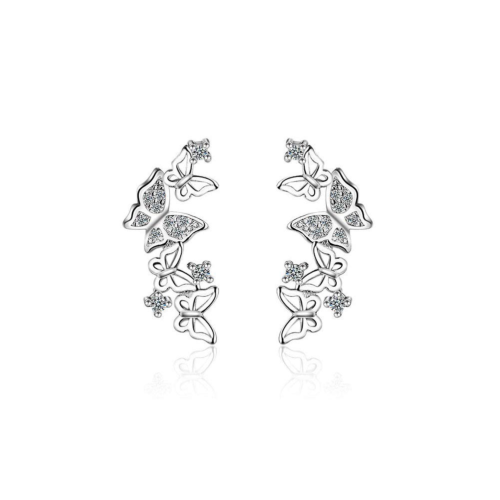 Butterfly Sterling Silver CZ Cuff Wrap Studs Earrings for Women Girls Pierced Ear Plated Fashion Cubic Zirconia Crawler Climber Hypoallergenic