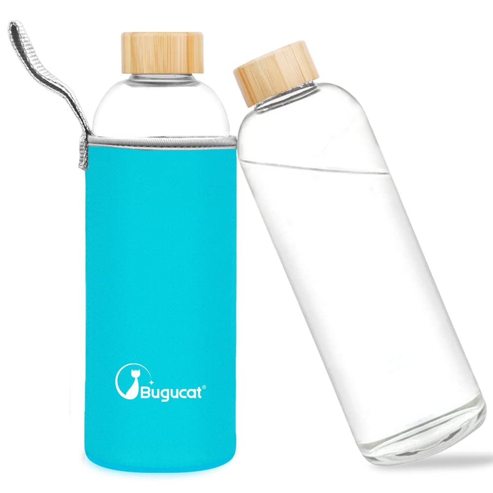 Bugucat Borosilicate Glass Water Bottle 1000ML, Reusable Water Bottle Glass with Protective Sleeves and Leak-Proof Lid, Glass Water Bottle 1 Litre Glass Drinking Bottle for Hot Cold Drinks,Light Blue