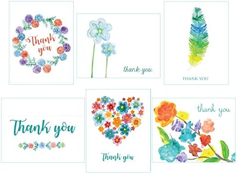 Thank You Teal Watercolor - 36 Thank You Cards for $10.99 - 6 Designs- Blank Cards- Envelopes Included