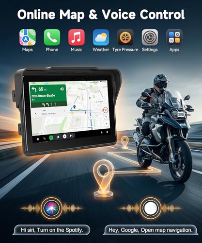Rimoody Wireless Carplay Display Motorcycle Android Car, 7 Inch Touchscreen Car Play Portable Car Radio for Motorbike, CarPlay Monitor for Motorbikes, Bluetooth / IP68 Waterproof, Voice Control, Ships