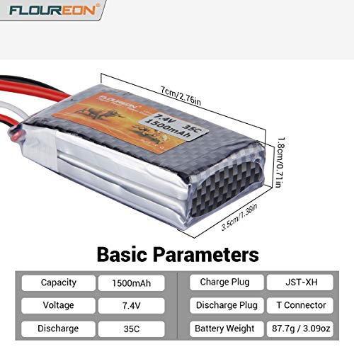 FLOUREON 2S Lipo Battery 7.4v Lipo jst, RC Lipo Batteries 35C 1500mah li-ion Battery with T Plug for WLtoys Rc Cars a959, Truck, Truggy, Buggy, Traxxas, Helicopter, Drone, Redcat Racing (2 Packs)