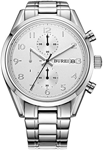 BUREI Mens Elite Quartz Chronograph Watches with Sub-Dials Big Face Mineral Lens Metal Band