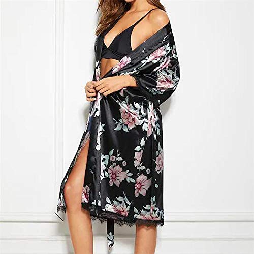 CofeeMO Women's Floral Print Kimono Silk Satin Pajamas,Fashion Lace Half Sleeve Ladies Long Sleepwear(Black,M)