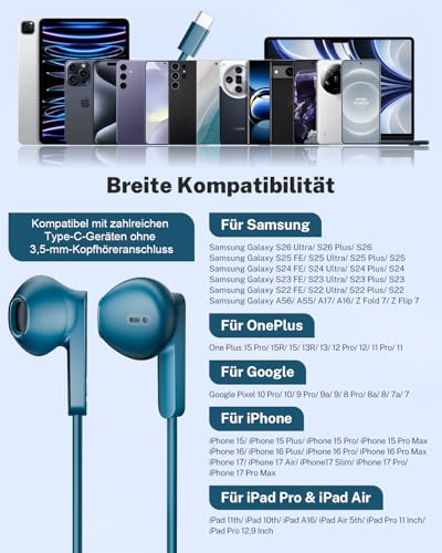 USB C Wired Headphones for Samsung Galaxy S25 S24 S23 S22 Ultra S26 S21 A55 A56 A16 A54 5G In-Ear USB C Headset with Microphone Headphones USBC for iPhone 17 16 15 Pro Max Air Pixel 9 8 Xiaomi 14